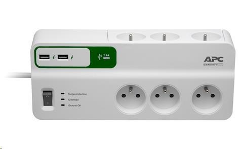 APC Essential SurgeArrest 6 outlets with 5V, 2.4A 2 port USB charger, 230V France, 2m (PM6U-FR)