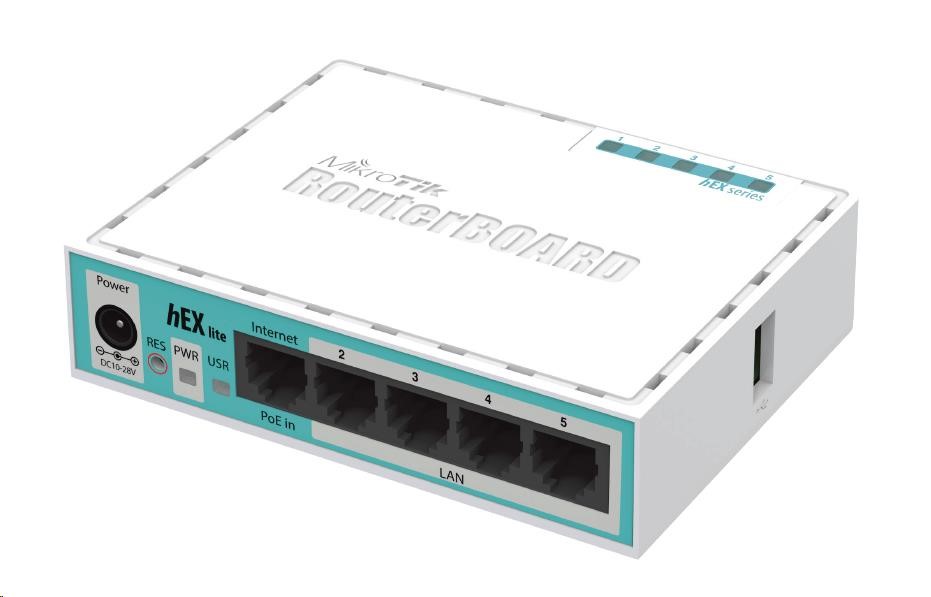 MikroTik RouterBOARD hEX lite, 850MHz CPU, 64MB RAM, 5x LAN, vč. L4 licence (RB750r2)