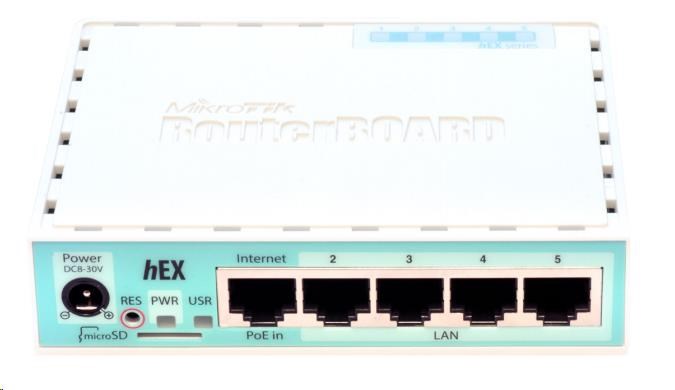 MikroTik RouterBOARD hEX, 880MHz dual-core CPU, 256MB RAM, 5x LAN, USB, microSD slot, vč. L4 licence (RB750Gr3)