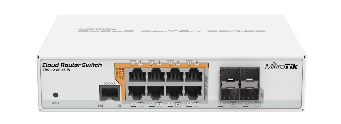 MikroTik Cloud Router Switch CRS112-8P-4S-IN, 400MHz CPU, 128MB RAM, 8xLAN, PoE max. 67W, 4xSFP slot, vč. L5 licence