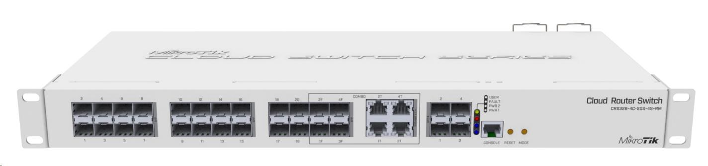 MikroTik Cloud Router Switch CRS328-4C-20S-4S+RM, 800MHz CPU,512MB RAM, 20x SFP, 4x SFP+, 4x LAN combo, vč. L5 CRS328-4C-20S-4S+RM