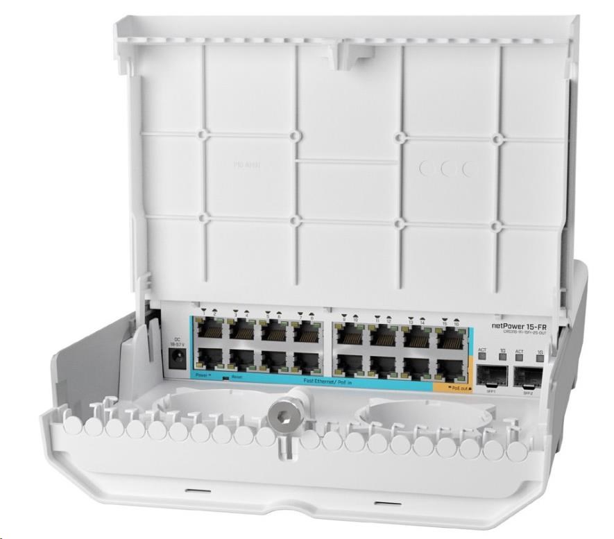 MikroTik Cloud Router Switch CRS318-1Fi-15Fr-2S-OUT, 800MHz CPU, 256MB, 16x10/100 (PoE-in,1x out),2xSFP, vč.L5, venkovní