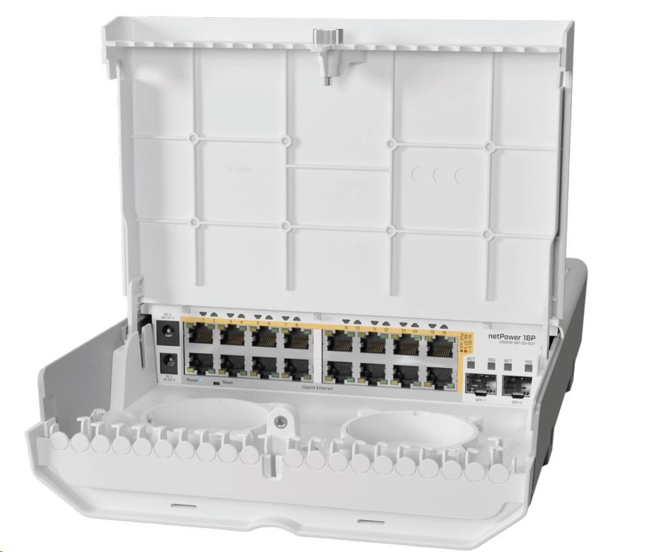 MikroTik Cloud Router Switch CRS318-16P-2S+OUT, 800MHz CPU, 256MB, 16x10/100/1000 (PoE-out),2xSFP+, vč.L5, venkovní