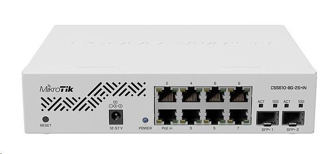 MikroTik Cloud Smart Switch CSS610-8G-2S+IN, 8 gigabit.portů, PoE-In, 2xSFP+, SwOS CSS610-8G-2S+IN