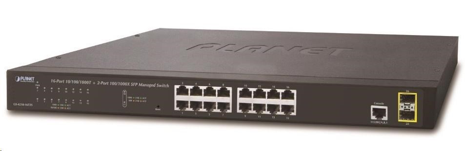 Planet GS-4210-16T2 Switch, L2/L4, 16x 1000Base-T, 2x SFP, Web/SNMPv3, VLAN, QoS, IPv6, fanless GS-4210-16T2S