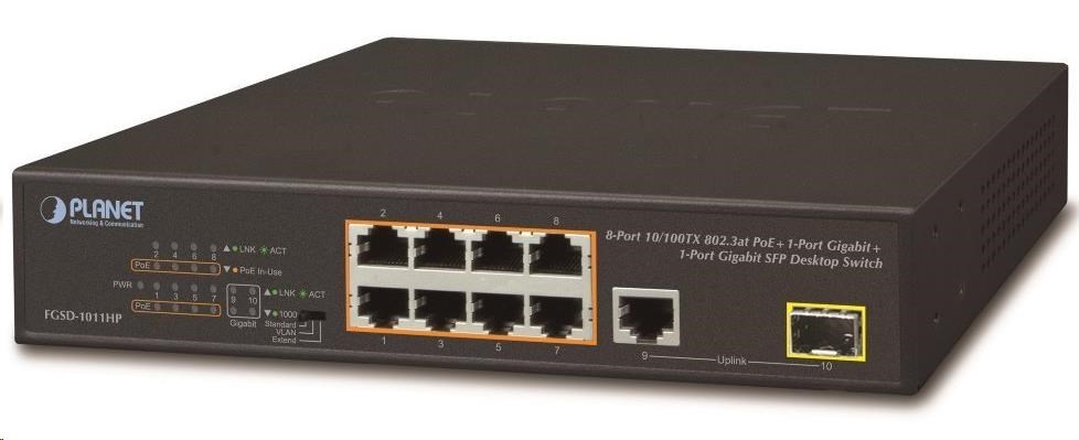 Planet FGSD-1011HP Switch, 8x 10/100 PoE, 1x TP + 1x SFP 1000Base-X, extend mód 10Mb, ESD, 802.3at 120W, fanless