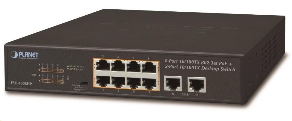 Planet FSD-1008HP Switch, PoE 8x PoE 802.3at 120W+ 2x 100Base-TX,VLAN,extend mód 10Mb/s do 250m, fanless