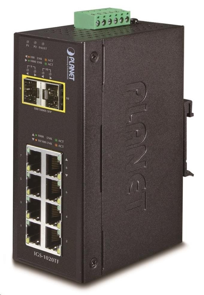 Planet IGS-1020TF, Switch, průmyslový, 8x 10/100/1000T, 2x 100/1000X SFP, -40~+75°C