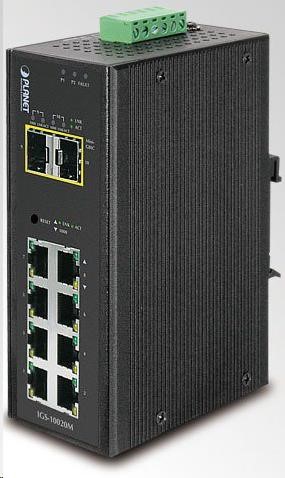 Planet IGS-10020MT, 8X 1000BASE-T, 2X SFP, DIN, IP30, -40 AŽ 75°C, WEB/SNMPV3, VLAN, IGMPV3, ESD+EFT, IPV6