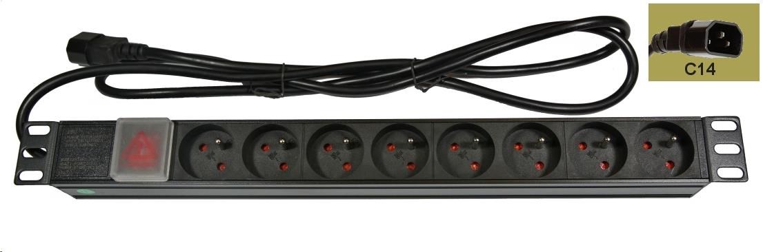 19" rozvodný panel 8x230V/10A, ČSN, přívodní kabel do UPS (IEC320 C14), vypínač, indikátor napětí, kabel 1,8m, 1U (ZASUVKA8B-19-C14)