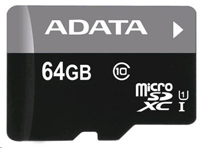 ADATA Micro SDXC karta 64GB UHS-I Class 10 + SD adaptér, Premier (AUSDX64GUICL10-RA1)