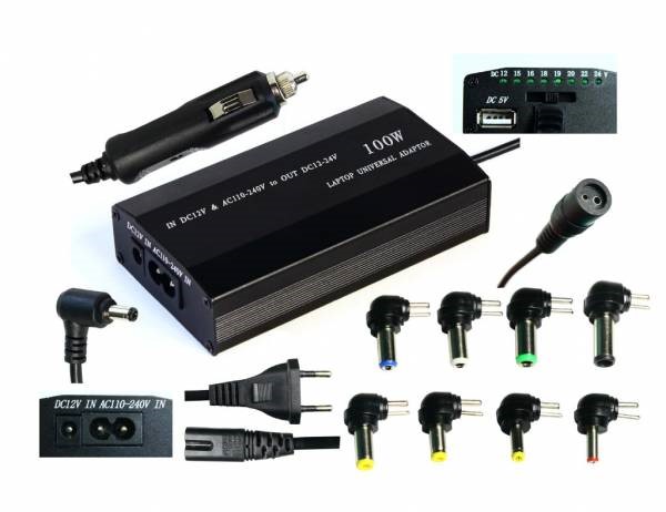 EUROCASE univerzální napájecí adaptér 100W, AC 110-240V/CAR DC 12V, DC 12- 20, 9 koncovek (NAEC-YH-4070)