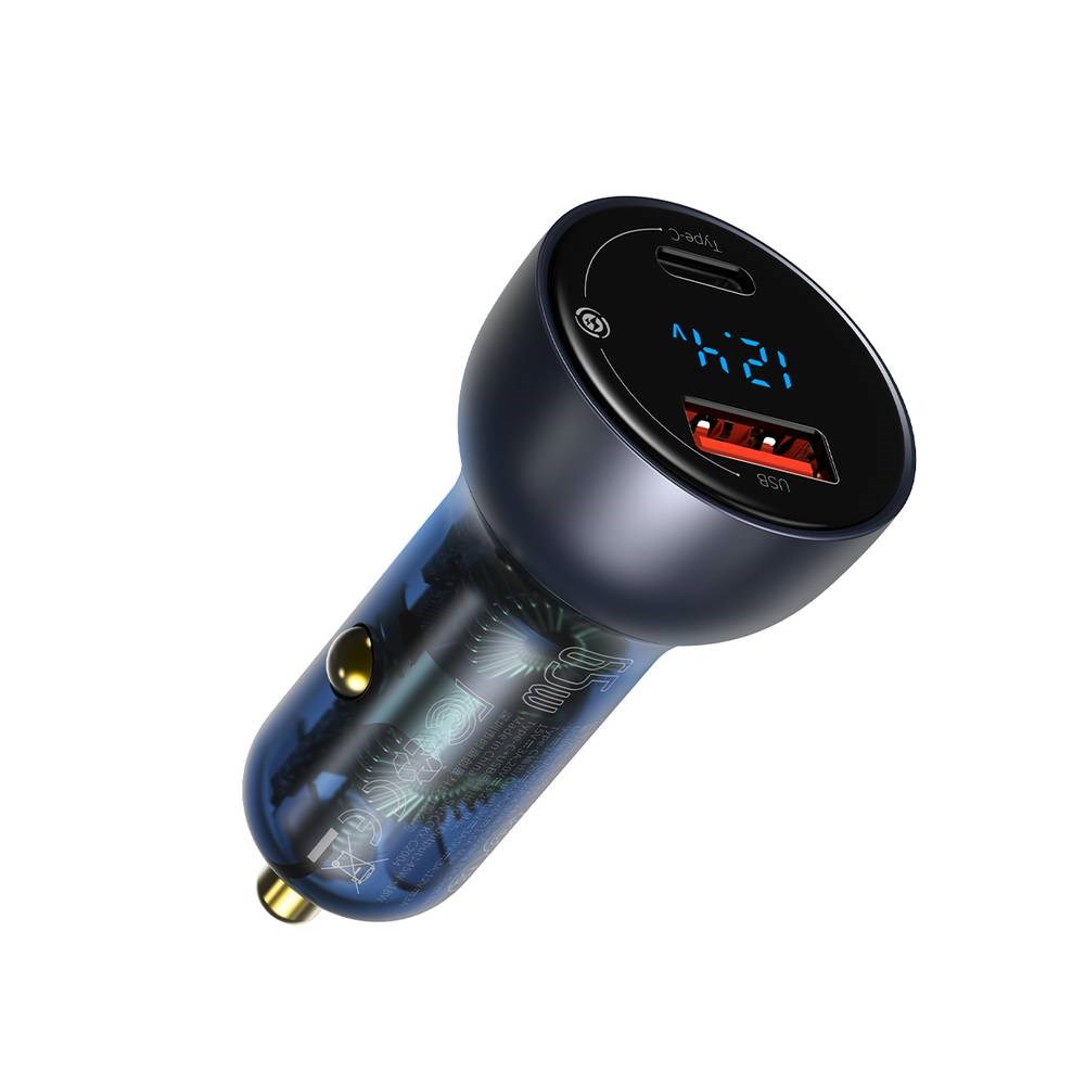 Baseus Particular Digital Display duální adaptér do automobilu USB-A QC + USB-C 65W, šedá CCKX-C0G