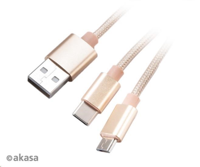 AKASA kabel 2v1 USB Type-A na Micro-B a USB Type-C, 120cm, zlatý AK-CBUB42-12GL