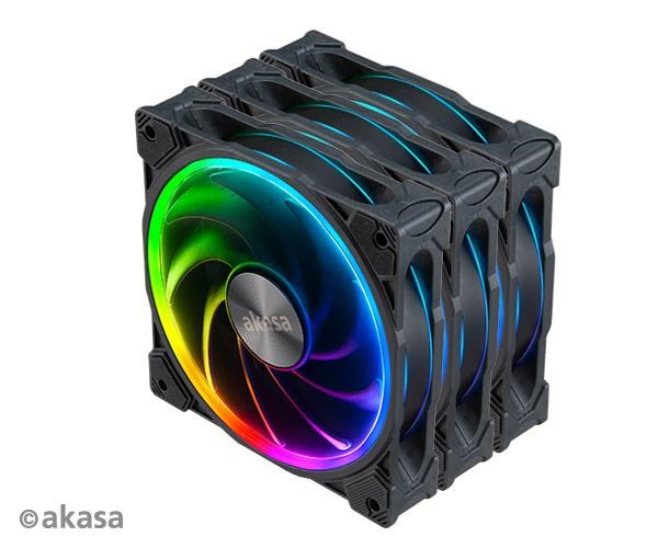 AKASA ventilátor SOHO AR, 12cm ARGB PWM fan 3pcs bundle + FLEXA FP5H AK-CBFA08-30BK + ARGB LED splitter AK-CBLD07-50BK AK-FN108-KT03