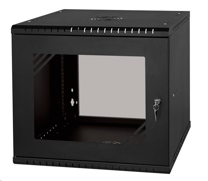 LEXI-Net 19" nástěnný rozvaděč Basic 9U, šířka 525mm, hloubka 450mm, skleněné dveře, bez zad, rozložený, černý LX19-9U-450GB