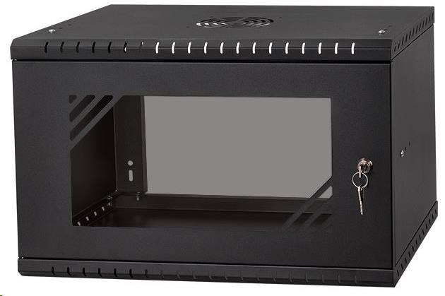 LEXI-Net 19" nástěnný rozvaděč Basic 6U, šířka 520mm, hloubka 350mm, skleněné dveře, bez zad, rozložený, černý LX19-6U-350GB