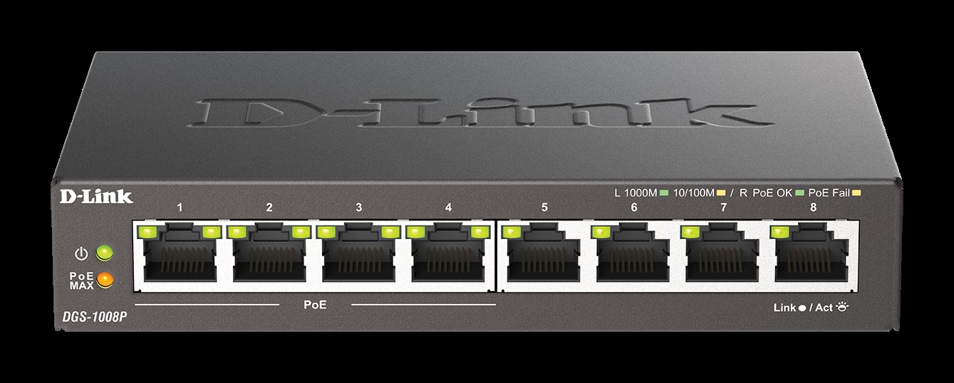 D-Link DGS-1008P 8-port Gigabit Desktop Switch, 4 porty jsou PoE+, PoE budget 68W (DGS-1008P/E)