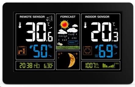 Solight TE81 meteostanice, extra velký barevný LCD, teplota, vlhkost, tlak, RCC, USB nabíjení, černá