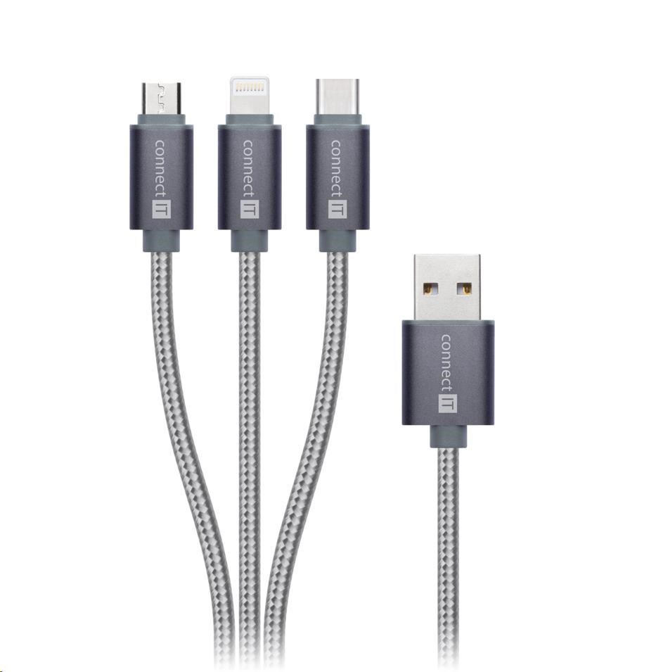 CONNECT IT Wirez 3in1 USB-C & Micro USB & Lightning, silver gray, 1,2 m CI-1229