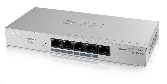 Zyxel GS1200-5HPv2 5-port Desktop Gigabit Web Smart PoE switch, 4x PoE+ GbE, PoE 60W, fanless GS1200-5HPv2-EU0101F