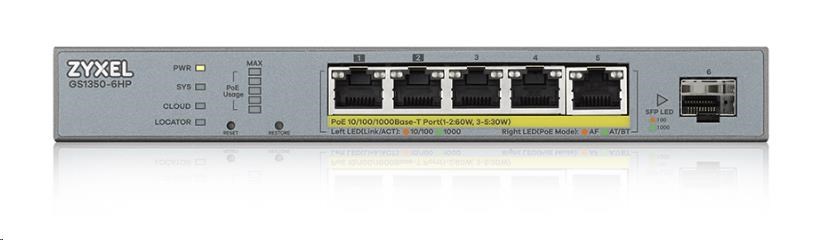 Zyxel GS1350-6HP 6 Port smart managed CCTV PoE switch, long range, 60W, 5x GbE, 1x SFP GS1350-6HP-EU0101F