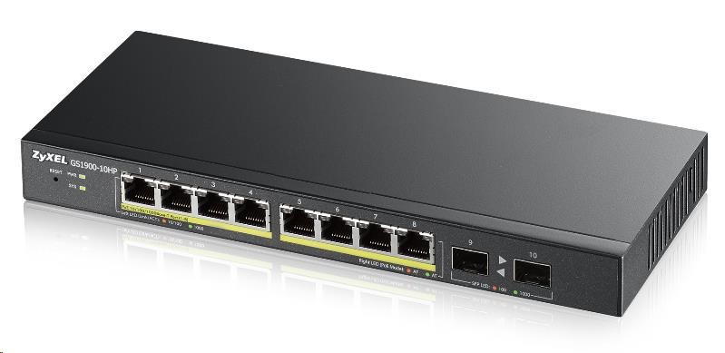 Zyxel GS1900-10HP v2 10-port Desktop Gigabit Web Smart PoE Switch, 8x gigabit PoE RJ45, 2x SFP, 70W PoE budget, fanless GS1900-10HP-EU0102F