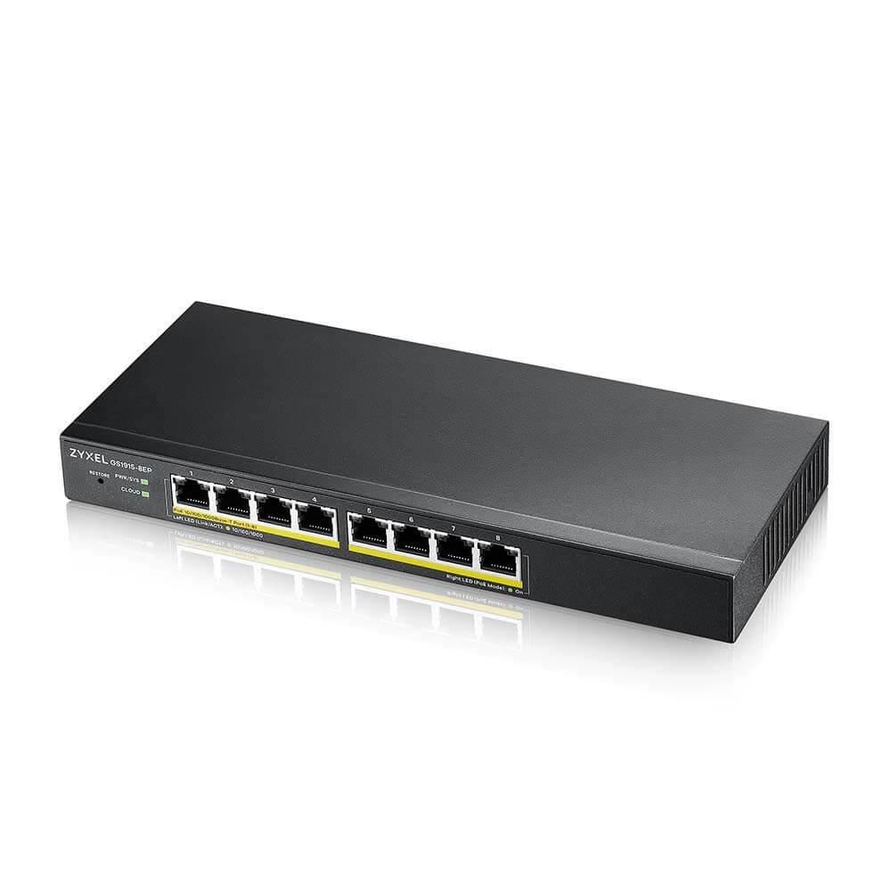 Zyxel GS1915-8EP 8-port Gigabit Web Smart PoE switch, 8x gigabit RJ45, fanless, 60W PoE budget GS1915-8EP-EU0101F