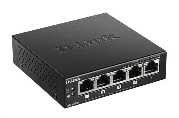 D-Link DGS-1005P 5-port Gigabit Desktop PoE+ Switch, 4 porty jsou PoE+, PoE budget 60W DGS-1005P/E