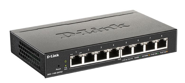 D-Link DGS-1100-08PV2 8-port Gigabit Smart Managed PoE switch, PoE budget 64W, fanless DGS-1100-08PV2/E