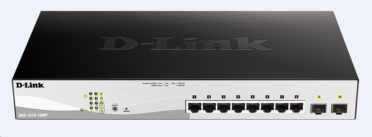 D-Link DGS-1210-10MP 10-port Gigabit Smart+ PoE Switch, 8x GbE PoE+, 2x SFP, PoE 130W, fanless DGS-1210-10MP/E