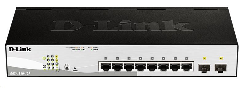 D-Link DGS-1210-10P 10-port Gigabit Smart+ PoE Switch, 8x GbE PoE+, 2x SFP, PoE 65W, fanless DGS-1210-10P/E