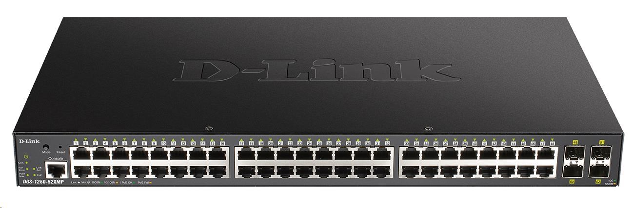 D-Link DGS-1250-52XMP 52-Port Gigabit Smart PoE Switch, 48x GbE PoE+, 4x SFP+, PoE 370W DGS-1250-52XMP/E