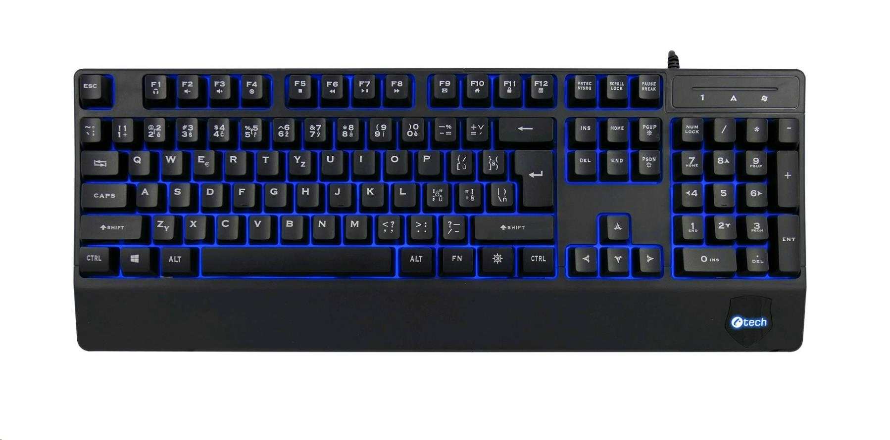 C-TECH Klávesnice KB-104BK, USB, 3 barvy podsvícení, černá, CZ/SK