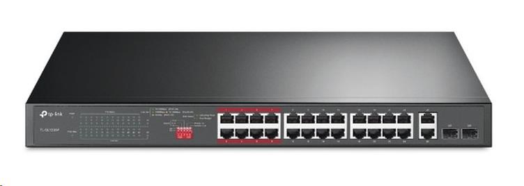 TP-Link switch TL-SL1226P, [24x 10/100Mb/s RJ45, 2xGbE RJ45,2xGbE SFP/RJ45, 24x PoE+ 250W, 2x Fan]