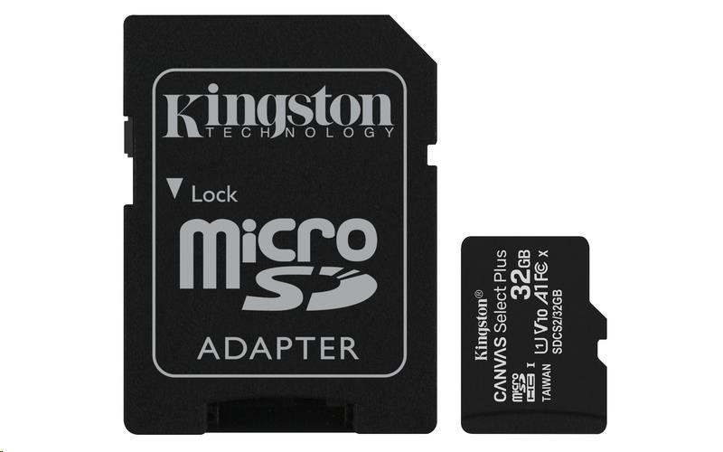 Kingston MicroSDHC karta 32GB Canvas Select Plus 100R A1 C10 Card + SD adaptér SDCS2/32GB