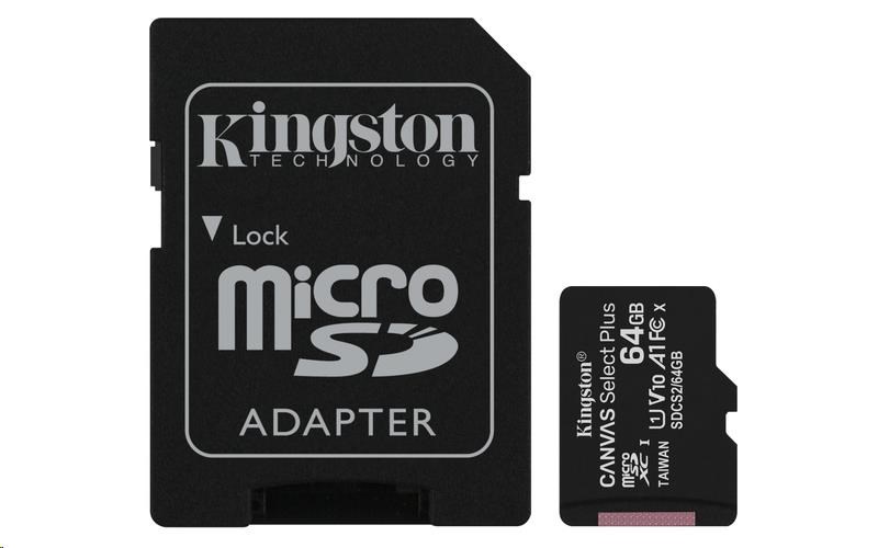 Kingston MicroSDXC karta 64GB micSDXC Canvas Select Plus 100R A1 C10 Card + SD adaptér SDCS2/64GB