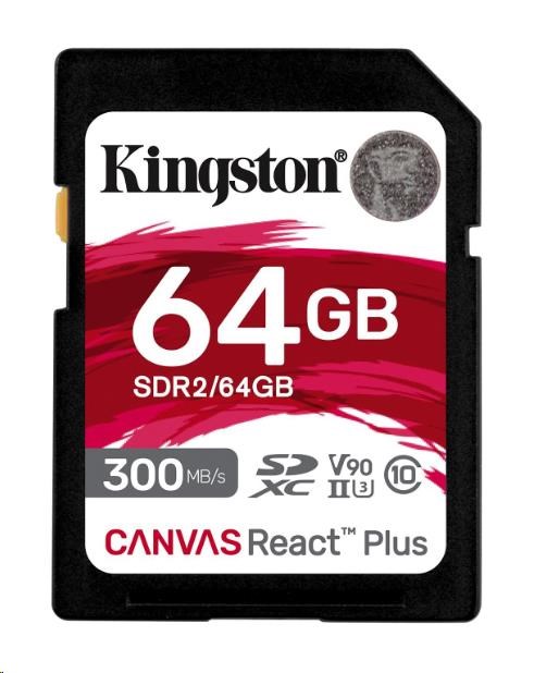 Kingston SDXC karta 64GB Canvas React Plus SDHC UHS-II 300R/260W U3 V90 for Full HD/4K/8K SDR2/64GB