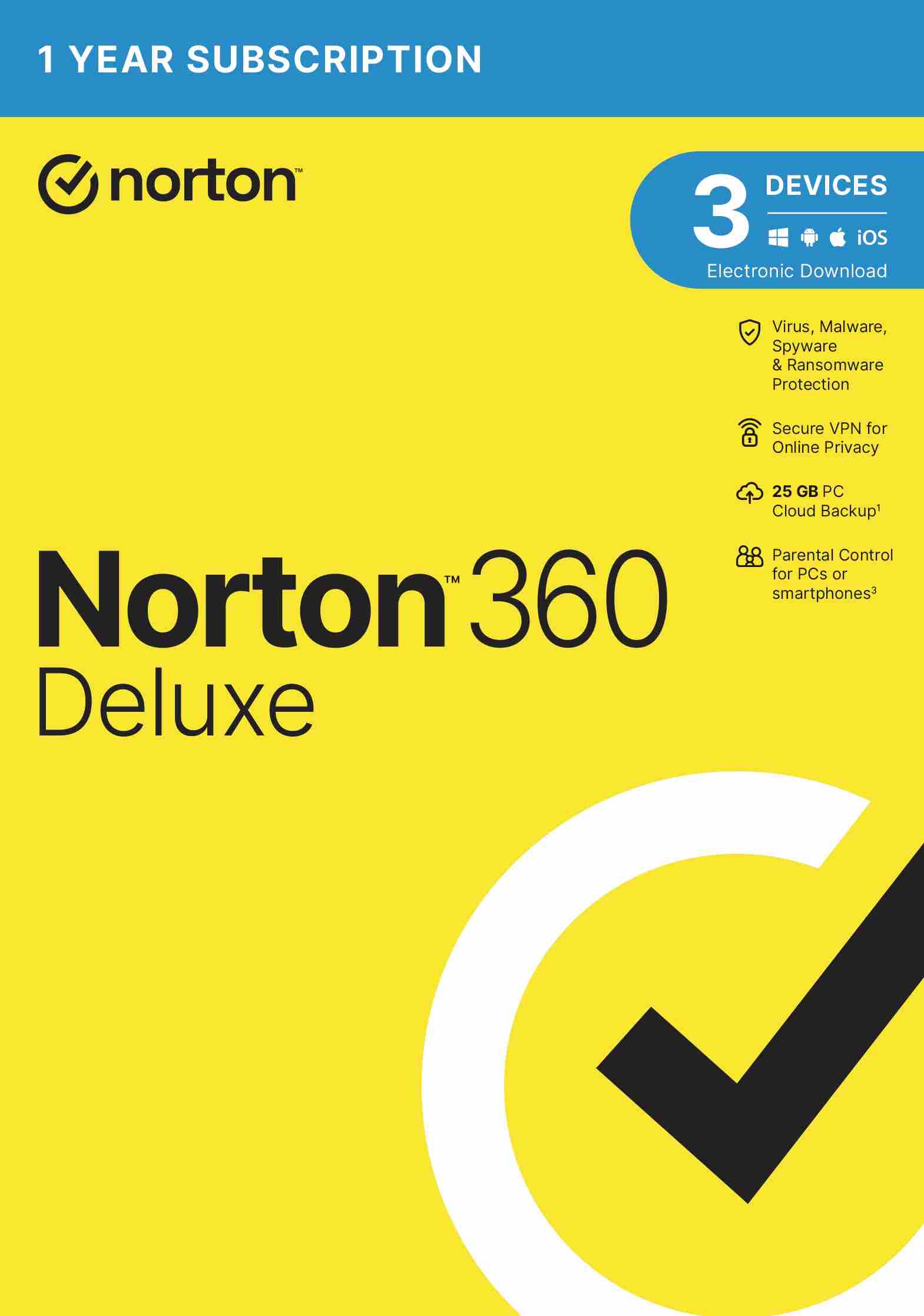 NORTON 360 DELUXE 25GB +VPN 1 uživatel pro 3 zařízení na 1 rok ESD 21405802