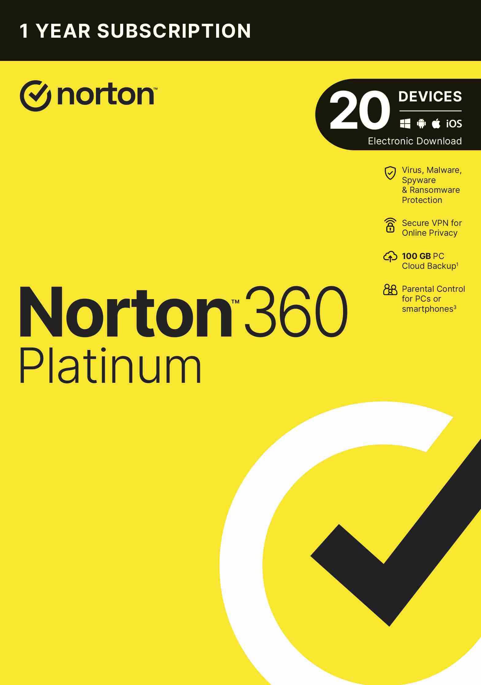 NORTON 360 PLATINUM 100GB +VPN 1 uživatel pro 20 zařízení na 1 rok ESD 21428036