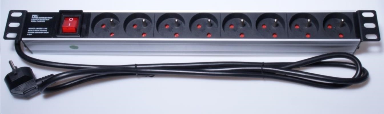 PremiumCord Panel napájecí 1U do 19" racku, 8x230V, 2m kabel, vypínač PDU-F10G08S