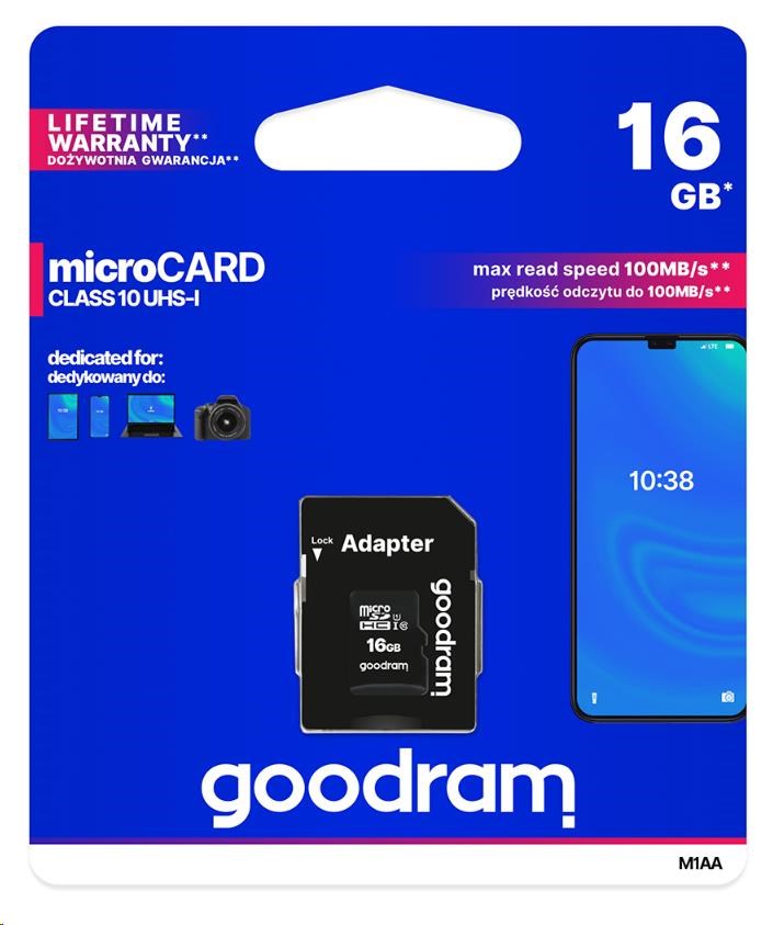 GOODRAM MicroSDHC karta 16GB M1AA, UHS-I Class 10, U1 + adaptér M1AA-0160R12