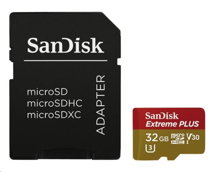 SanDisk 32GB microSDHC Card Extreme PLUS (10MB/s, UHS-I V30, Rescue Pro Deluxe) + Adapter SDSQXBG-032G-GN6MA