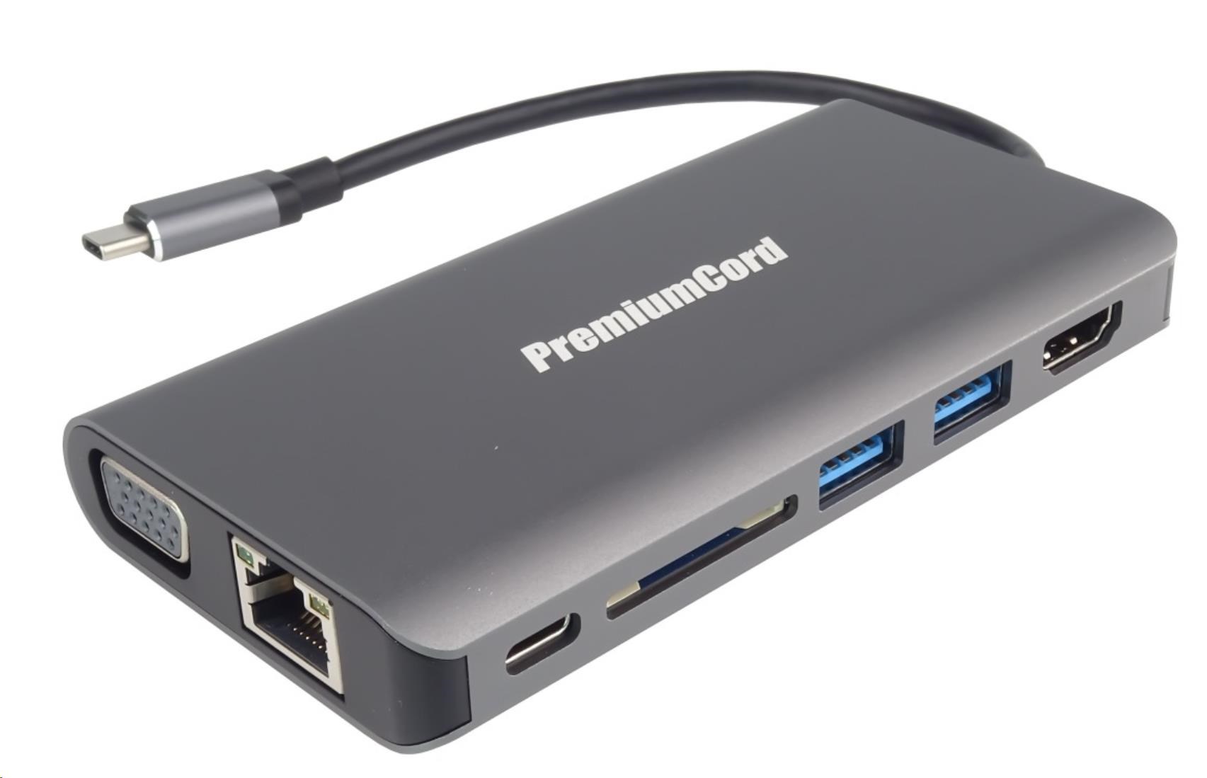 PREMIUMCORD Převodník USB3.1 typ C na HDMI+VGA+RJ45+2xUSB3.0+SD card +3,5mm+PD charge ku31dock08