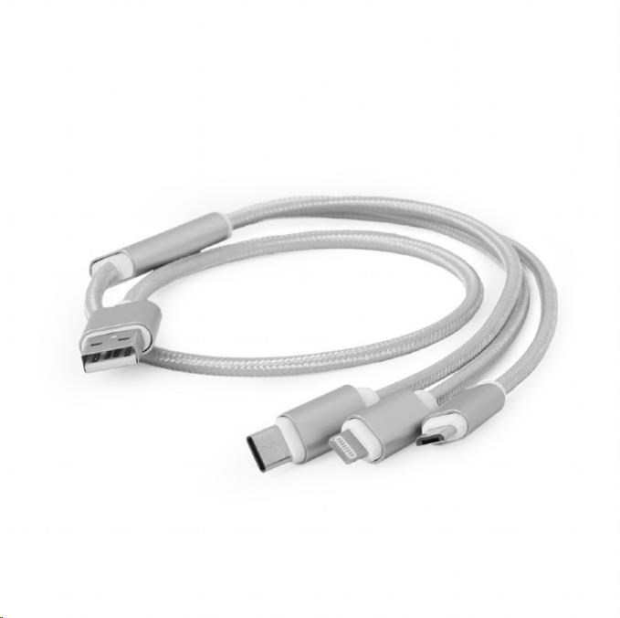 GEMBIRD Kabel USB A Male/Micro B + Type-C + Lightning, 1m, opletený, stříbrný, blister CC-USB2-AM31-1M-S