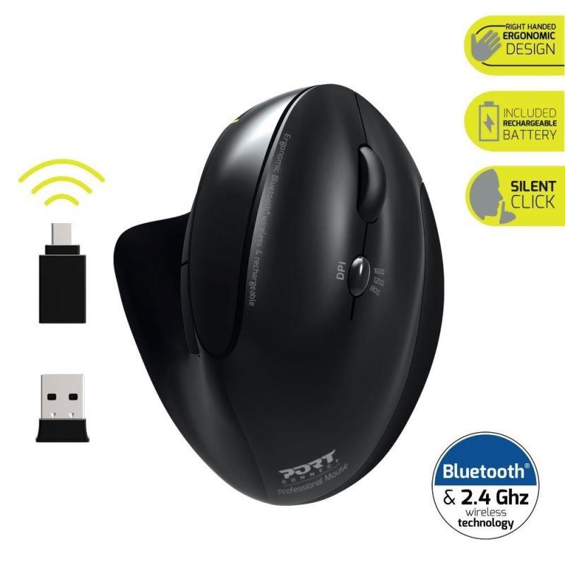 PORT vertikální bezdrátová ergonomická myš, BT, 2,4 GHz, USB-A/C, pro praváky, černá 900706-BT