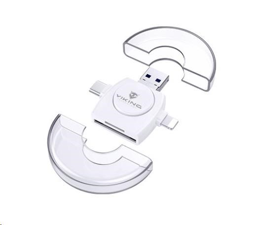 Viking OTG čtečka paměťových karet SD a Micro SD 4v1 s koncovkou APPLE Lightning / Micro USB / USB 3.0 / USB-C, bílá VR4V1W