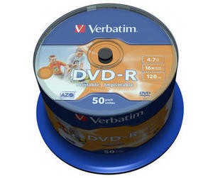 VERBATIM DVD-R(50-Pack)Spindle/Inkjet Printable Wide/16x/4.7GB (43533)