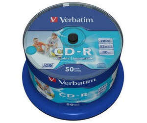 VERBATIM CD-R(50-Pack)Spindle/Inkjet Printable/52x/700MB / Non ID Branded (43438)