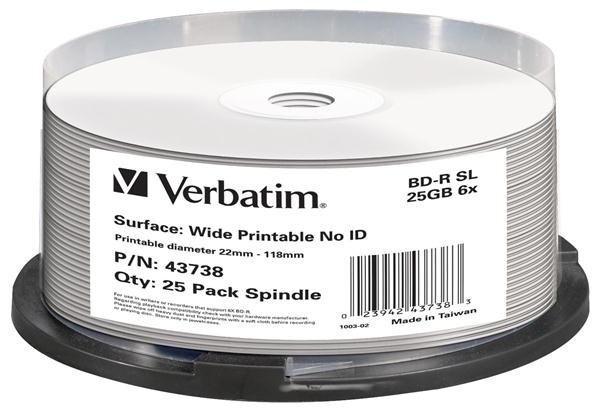 VERBATIM BD-R(25-pack)Blu-Ray/spindle/6x/25GB/Printable/No ID (43738)